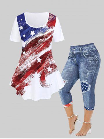 Patriotic American Flag Tee and Capri Leggings Plus Size Summer Outfit - LIGHT BLUE