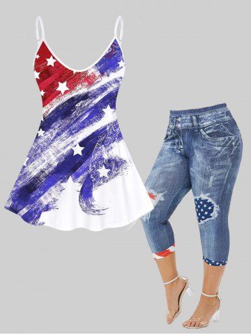 Patriotic American Flag Tank Top and Capri Leggings Plus Size Summer Outfit - BLUE