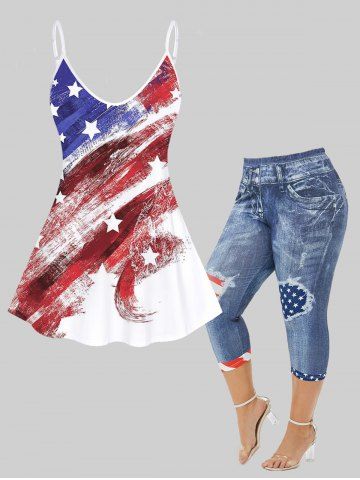 Patriotic American Flag Tank Top and Capri Leggings Plus Size Summer Outfit - DEEP RED