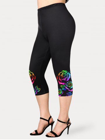Plus Size High Waist Rainbow Rose Print Capri Leggings - BLACK - 2X | US 18-20