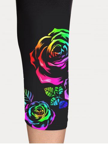 Plus Size High Waist Rainbow Rose Print Capri Leggings