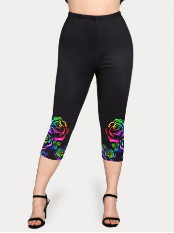 Plus Size High Waist Rainbow Rose Print Capri Leggings