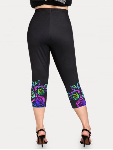 Plus Size High Waist Rainbow Rose Print Capri Leggings