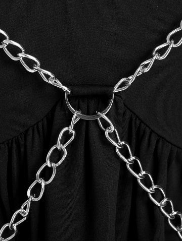 Plus Size Solid Cold Shoulder Harness Chains Gothic T Shirt