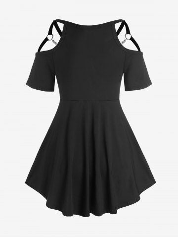 Plus Size Solid Cold Shoulder Harness Chains Gothic T Shirt