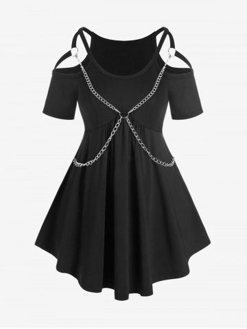 Plus Size Solid Cold Shoulder Harness Chains Gothic T Shirt