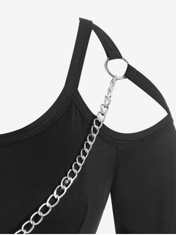 Plus Size Solid Cold Shoulder Harness Chains Gothic T Shirt