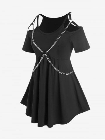 Plus Size Solid Cold Shoulder Harness Chains Gothic T Shirt