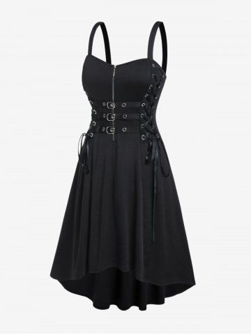 Plus Size Gothic Buckled Lace Up High Low Midi Dress - BLACK - M | US 10
