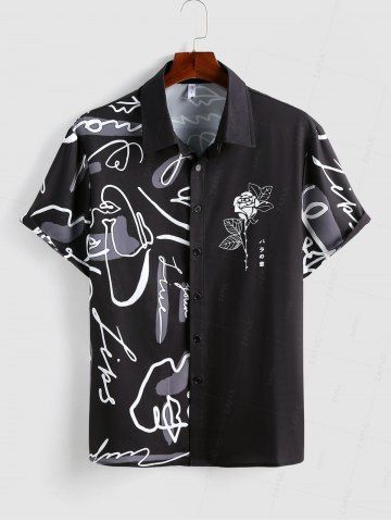 Graffiti Rose Printed Short Sleeves Shirt - BLACK - L