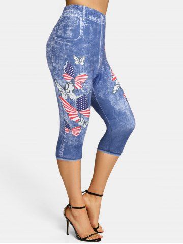 Skinny 3D Butterflies Print Capri Jeggings - LIGHT BLUE - XXL