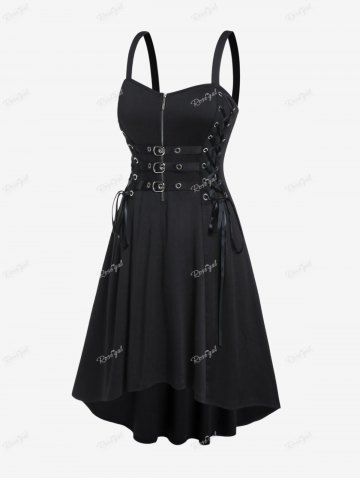 Plus Size Grommets Lace Up Buckles Zipper High Low Midi Dress