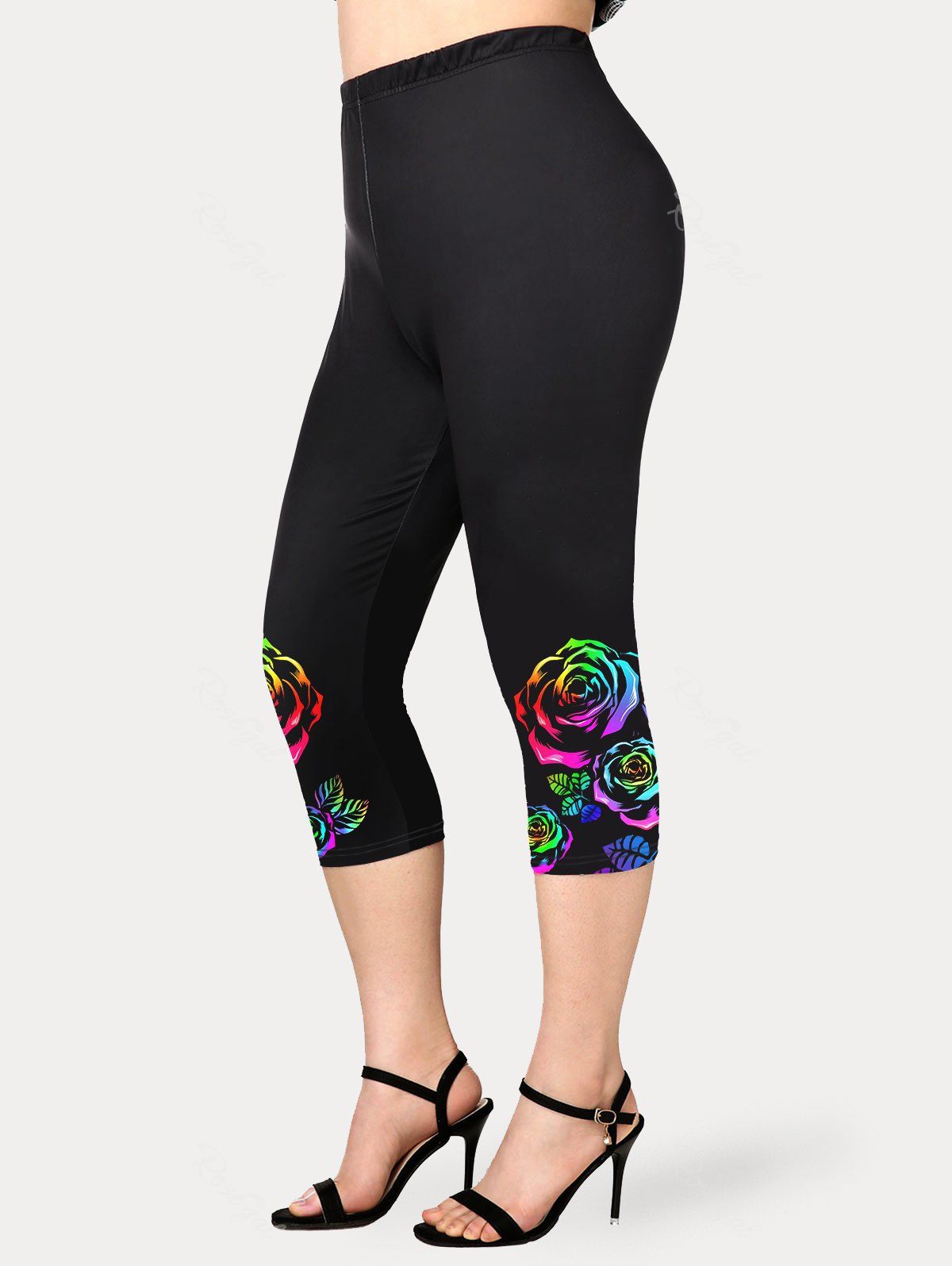 Fashion Plus Size High Waist Rainbow Rose Print Capri Leggings  