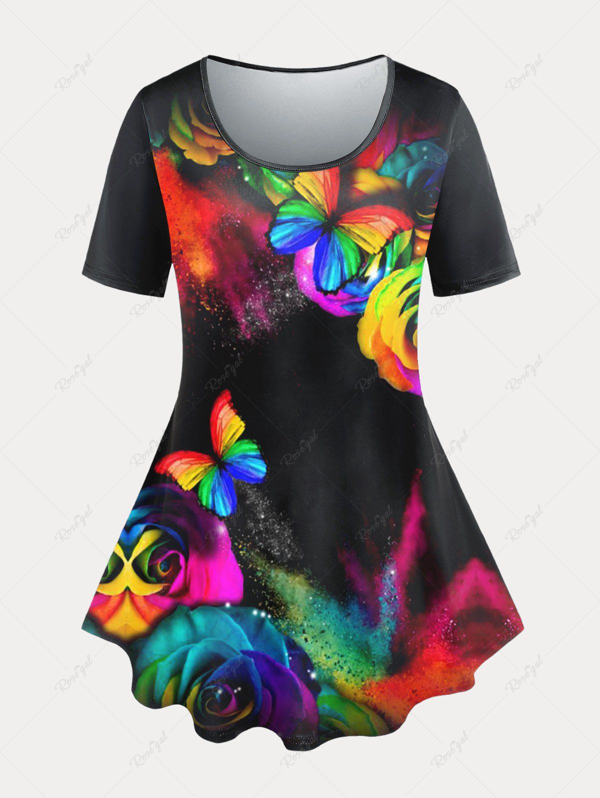 Hot Plus Size Rainbow Rose Butterfly Print Tee  