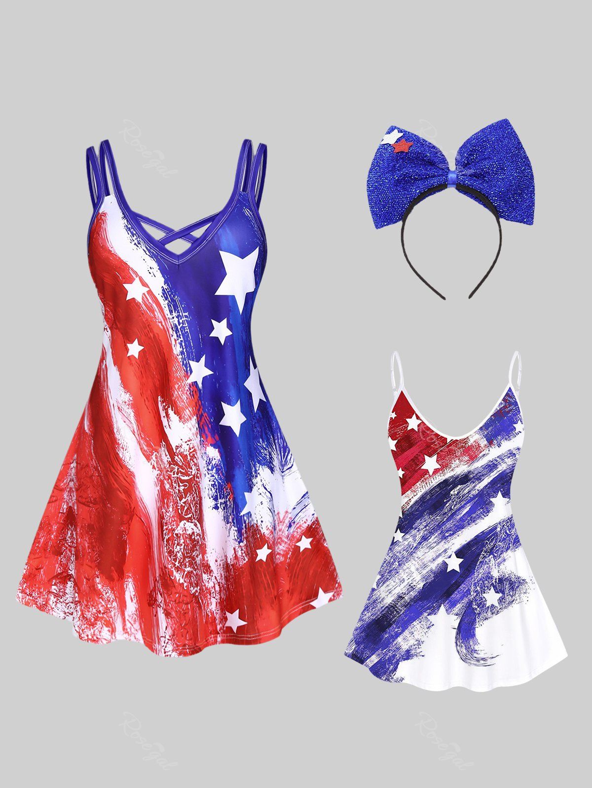 Trendy American Flag Crisscross A Line Dress and Cami Top & Accessories Plus Size Summer Outfit  