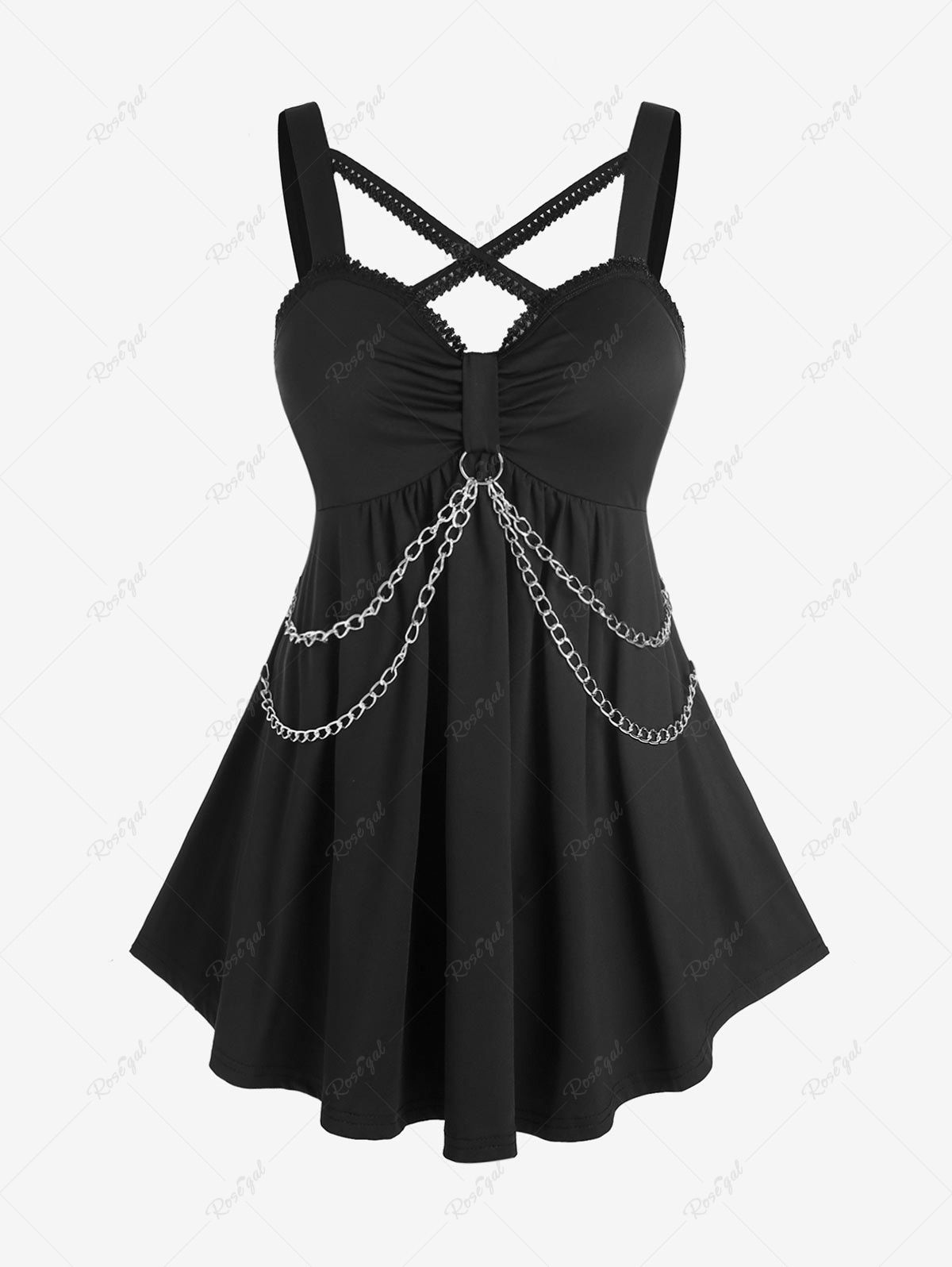 Unique Plus Size Backless Chains Criss Cross Solid Gothic Tank Top  