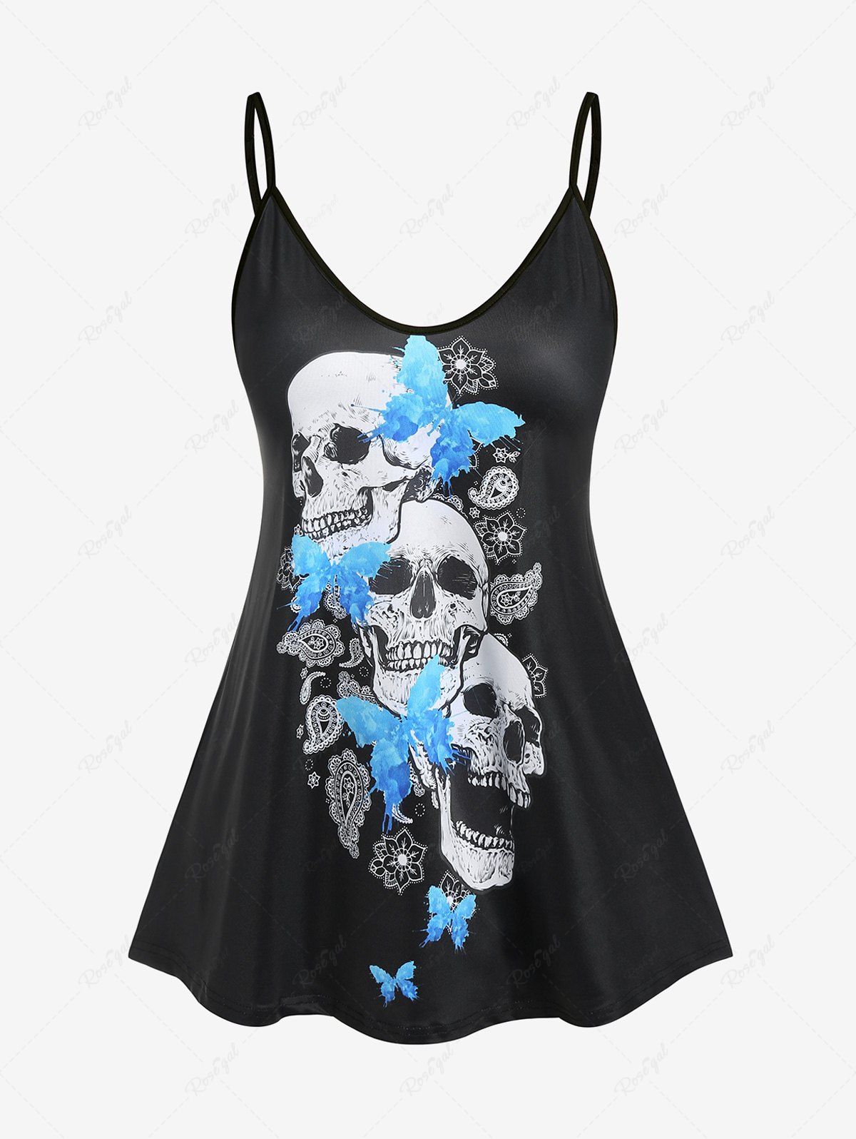 Affordable Plus Size Gothic Skull Butterfly Print Tank Top (Adjustable Straps)  