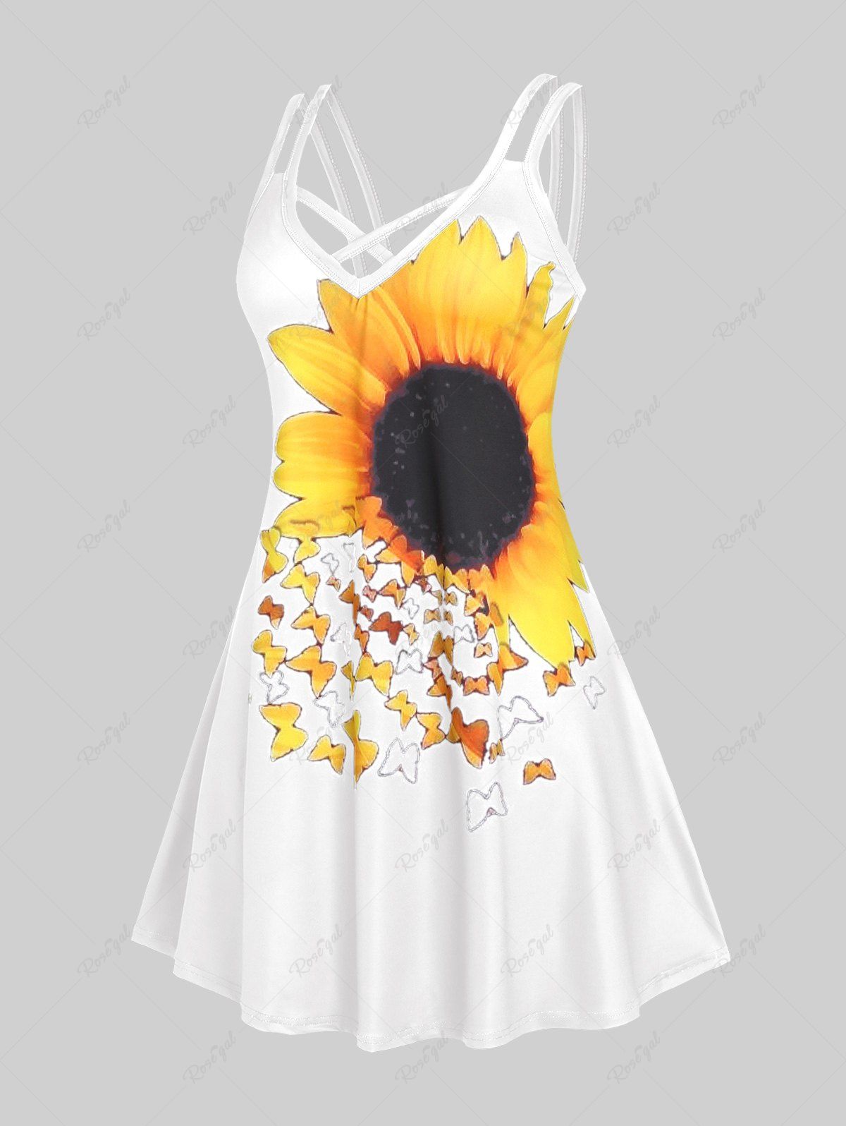 Unique Plus Size Sunflower Print Crisscross Sundress  