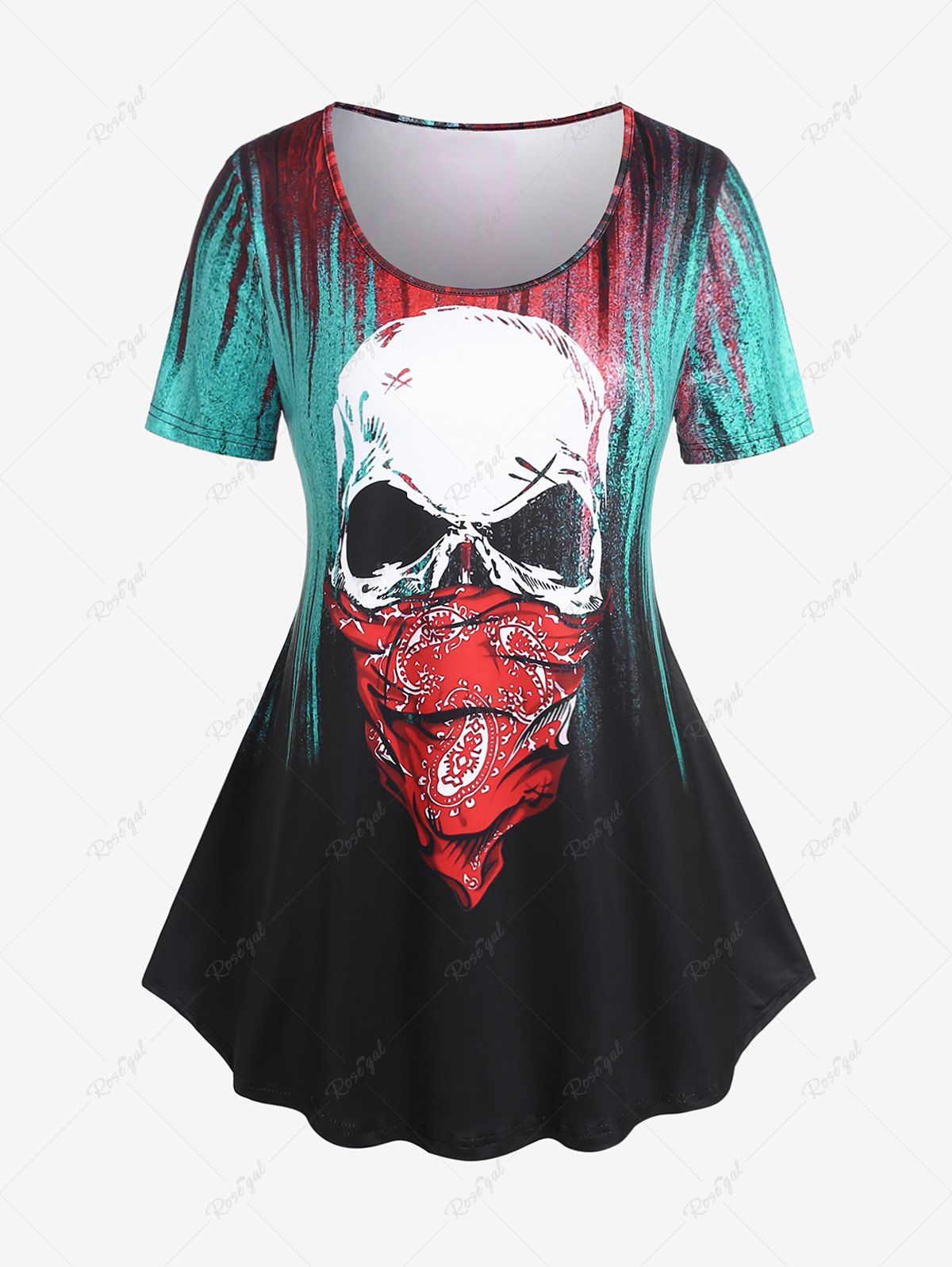 T-shirt Gothique à Imprimé Echarpe Ombré Crâne de Grande Taille Noir 4X | US 26-28