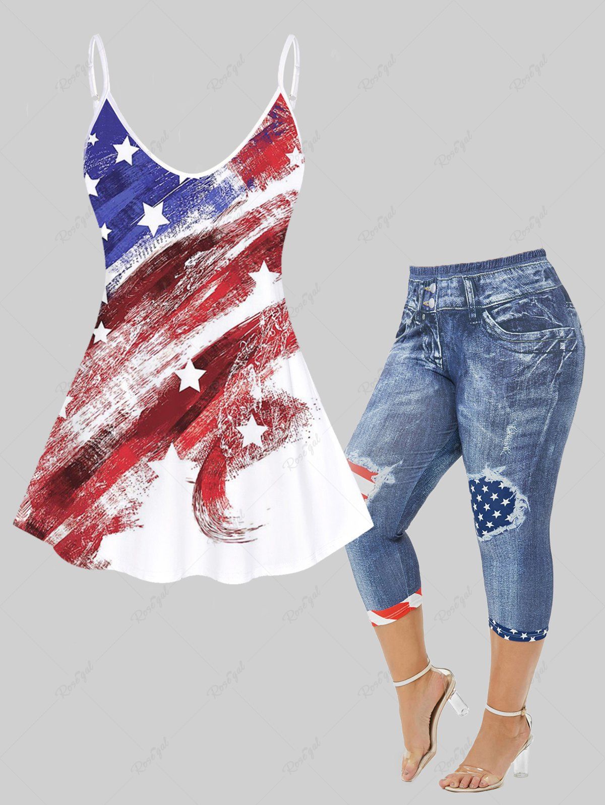 Online Patriotic American Flag Tank Top and Capri Leggings Plus Size Summer Outfit  