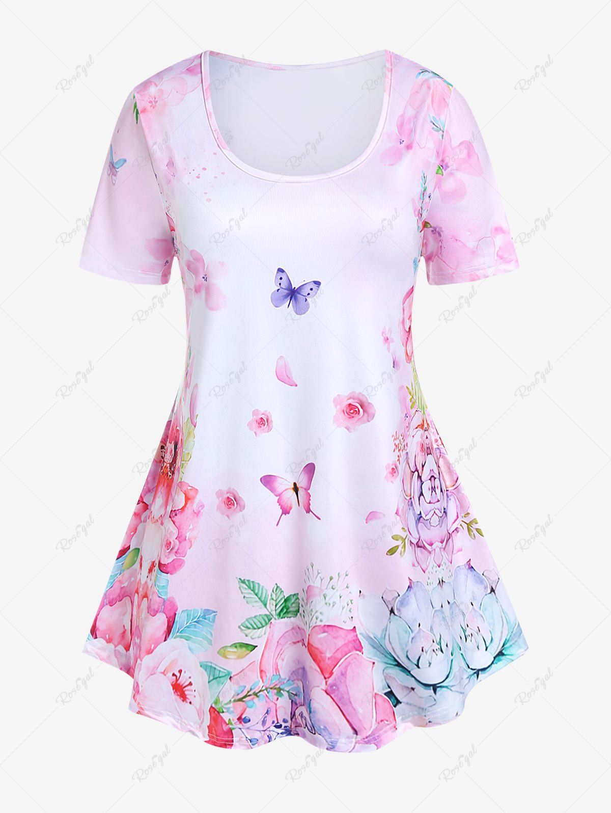 T-shirt à Imprimé Papillon Floral 3D à Manches Courtes Grande Taille Multi-A L | US 12