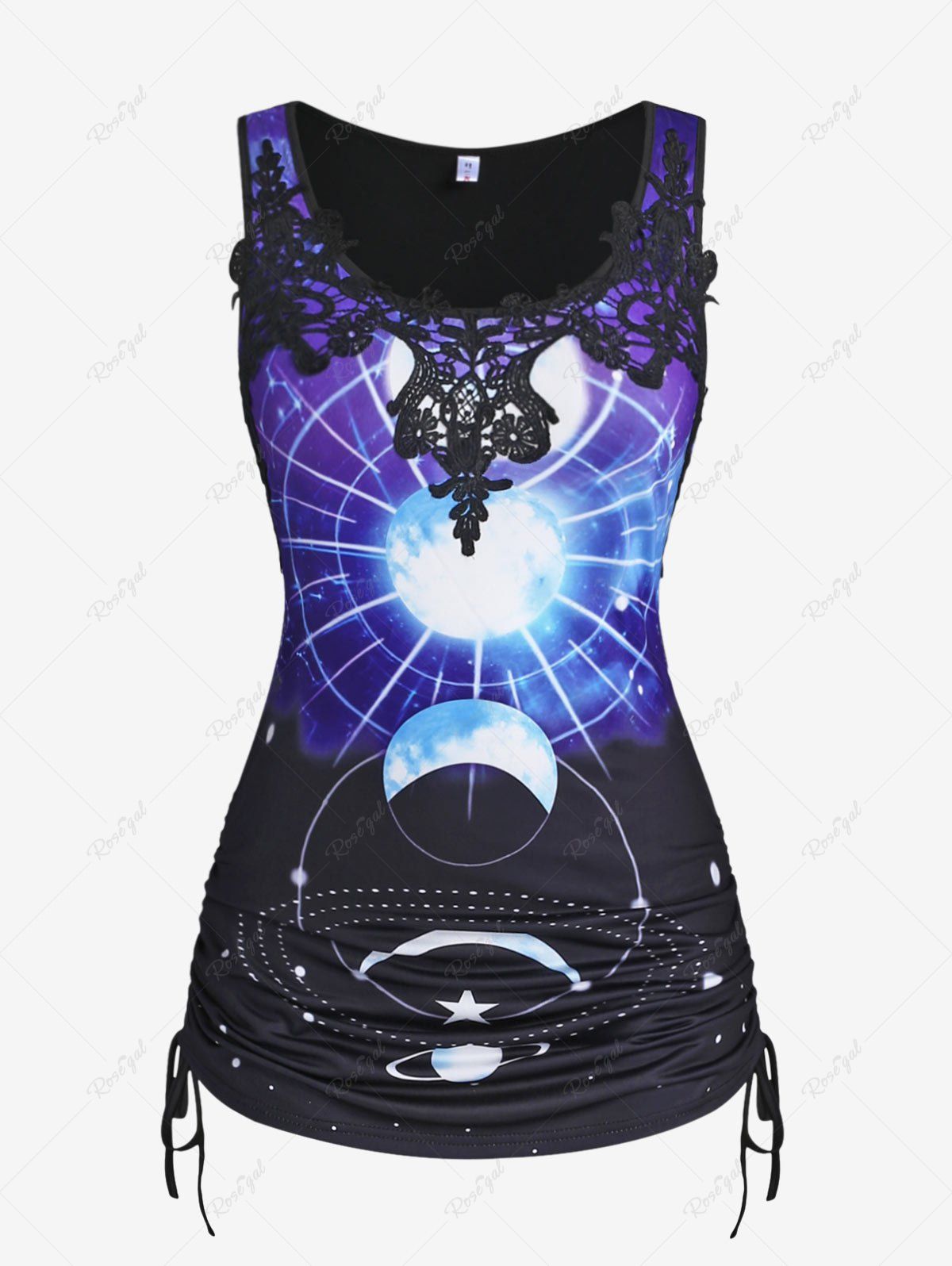 Latest Plus Size Galaxy Sun Moon Print Lace Panel Cinched Tank Top  