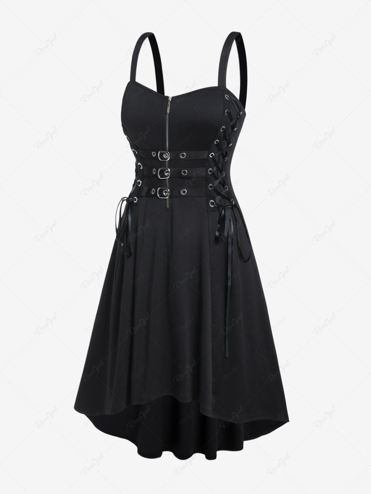 Unique Plus Size Gothic Buckled Lace Up High Low Midi Dress  