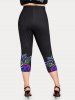 Plus Size High Waist Rainbow Rose Print Capri Leggings -  