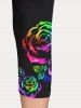 Plus Size High Waist Rainbow Rose Print Capri Leggings -  