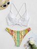 Boho Ethnic Printed Ribbed Cinched Lace Up Cheeky Bikini Swimwear -  