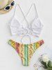 Boho Ethnic Printed Ribbed Cinched Lace Up Cheeky Bikini Swimwear -  