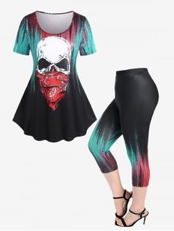 Gothic Scarf Skull Ombre Tee and Capri Leggings Plus Size Summer Outfit - BLACK