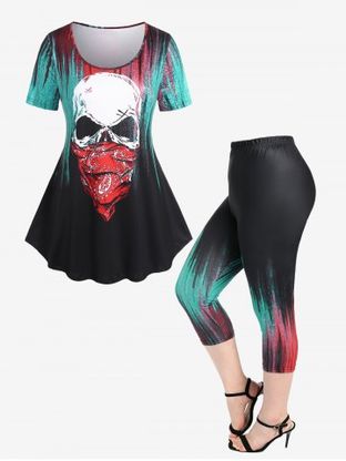 Gothic Scarf Skull Ombre Tee and Capri Leggings Plus Size Summer Outfit