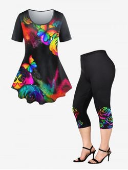 Rainbow Rose Butterfly Print Tee and Capri Leggings Plus Size Summer Outfit - BLACK