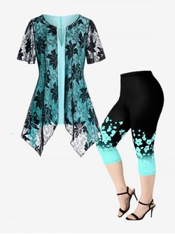 Asymmetrical Lace Panel 2 in 1 Tee and Floral Capri Leggings Plus Size Summer Outfit - LIGHT GREEN