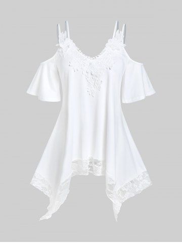 Plus Size Cold Shoulder Lace Panel Handkerchief Tunic Tee - WHITE - 4X | US 26-28
