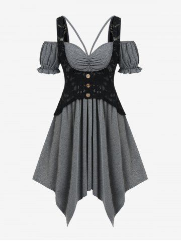 Plus Size Lace Panel Ruched Two Tone Cold Shoulder Handkerchief Dress - DARK GRAY - 4X | US 26-28