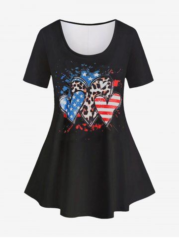 T-shirt à Imprimé Drapeau Américain et Coeur en Courbe - BLACK - 3X | US 22-24