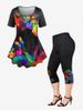 Rainbow Rose Butterfly Print Tee and Capri Leggings Plus Size Summer Outfit -  