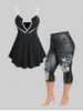 Cutout Two Tone Tunic Tank Top and Butterfly 3D Jean Print Leggings Plus Size Summer Outfit -  