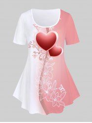 T-shirt à Imprimé Cœur Floral Bloc de Couleur Grande Taille - Rose clair 4X | US 26-28