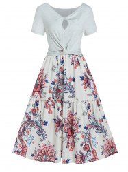 Robe Mi-Longue Ligne A Découpée Tordue à Imprimé Fleur à Taille Haute - Jaune clair XXL