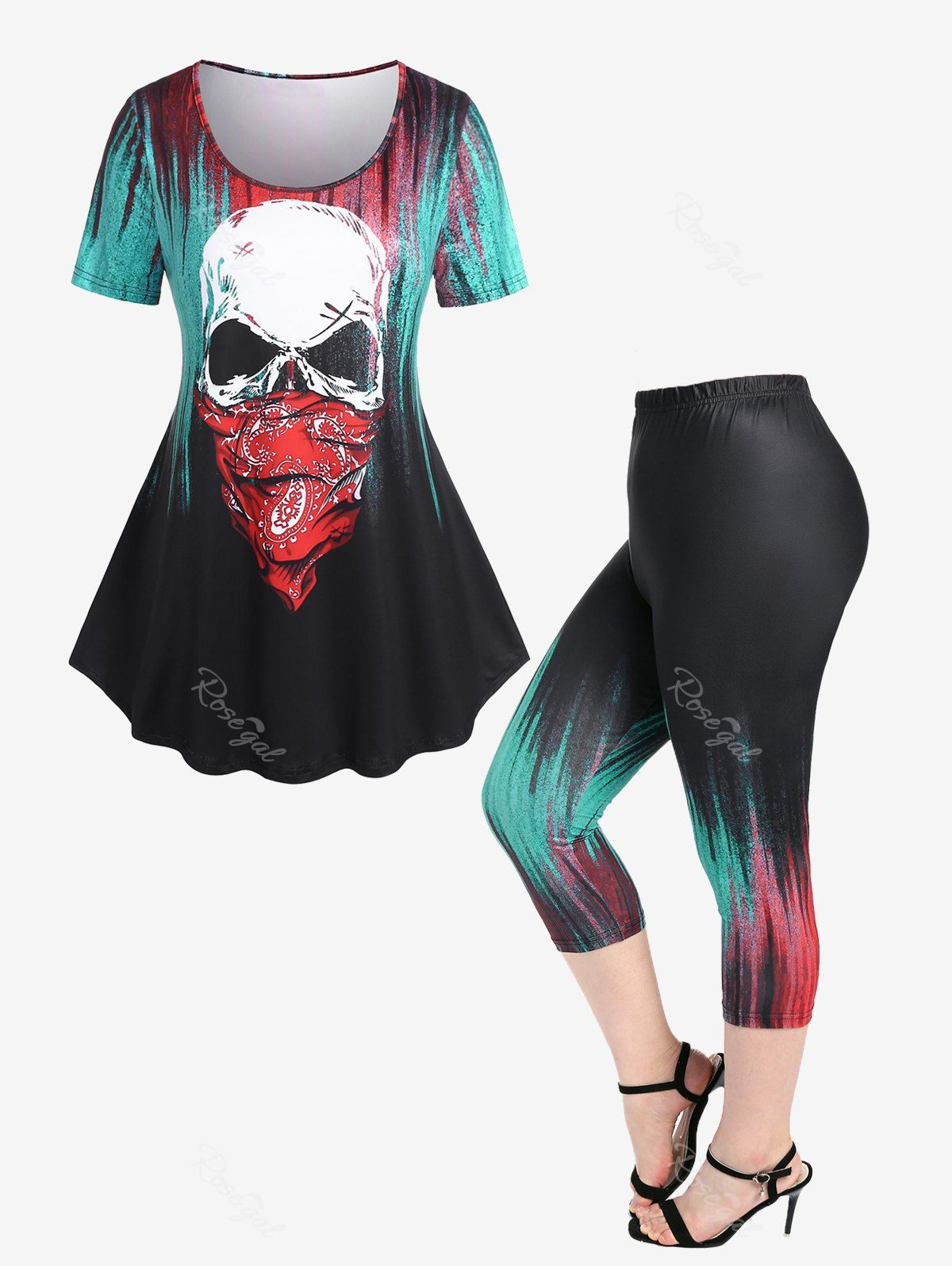 Buy Gothic Scarf Skull Ombre Tee and Capri Leggings Plus Size Summer Outfit  