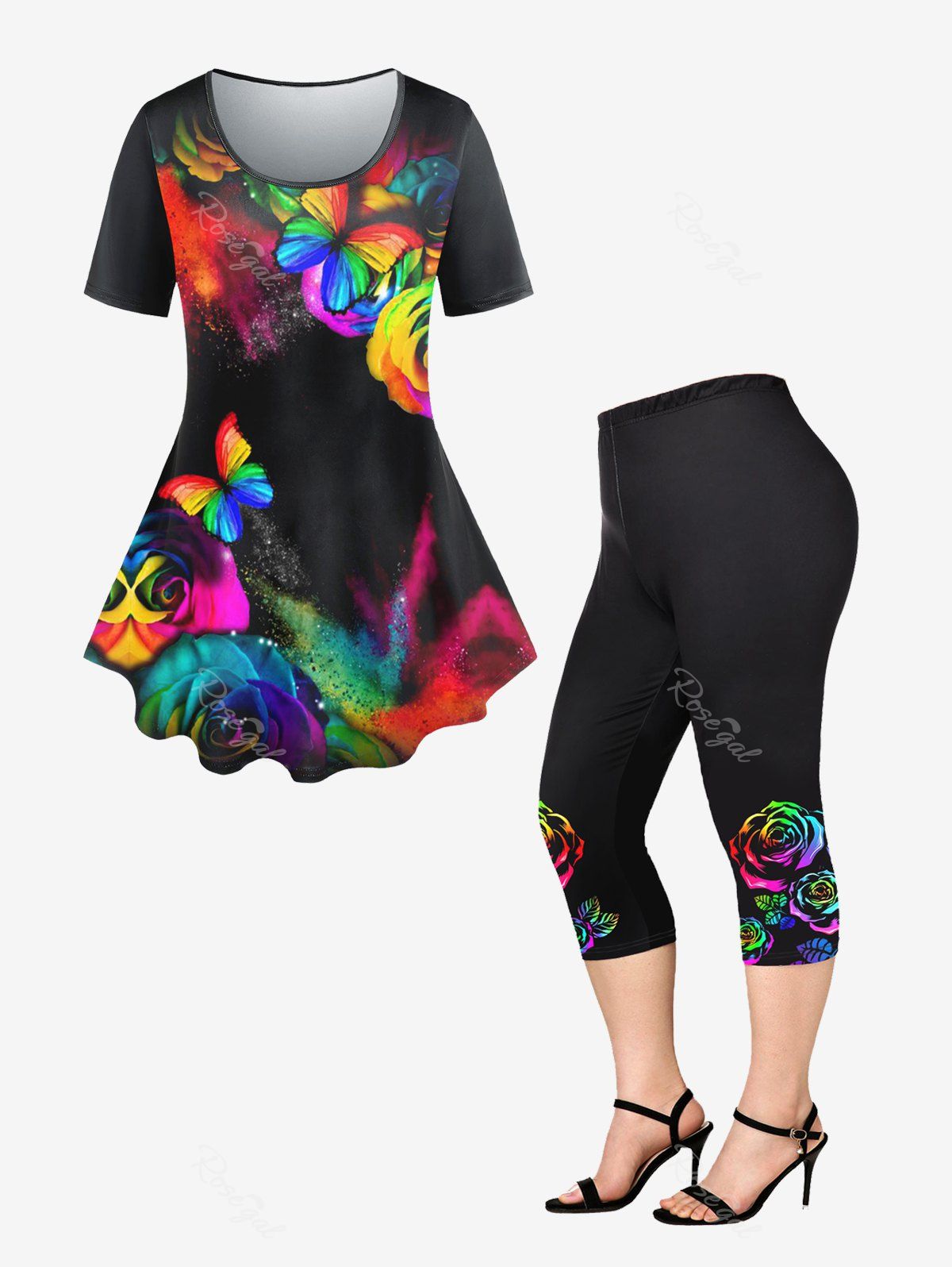 Hot Rainbow Rose Butterfly Print Tee and Capri Leggings Plus Size Summer Outfit  