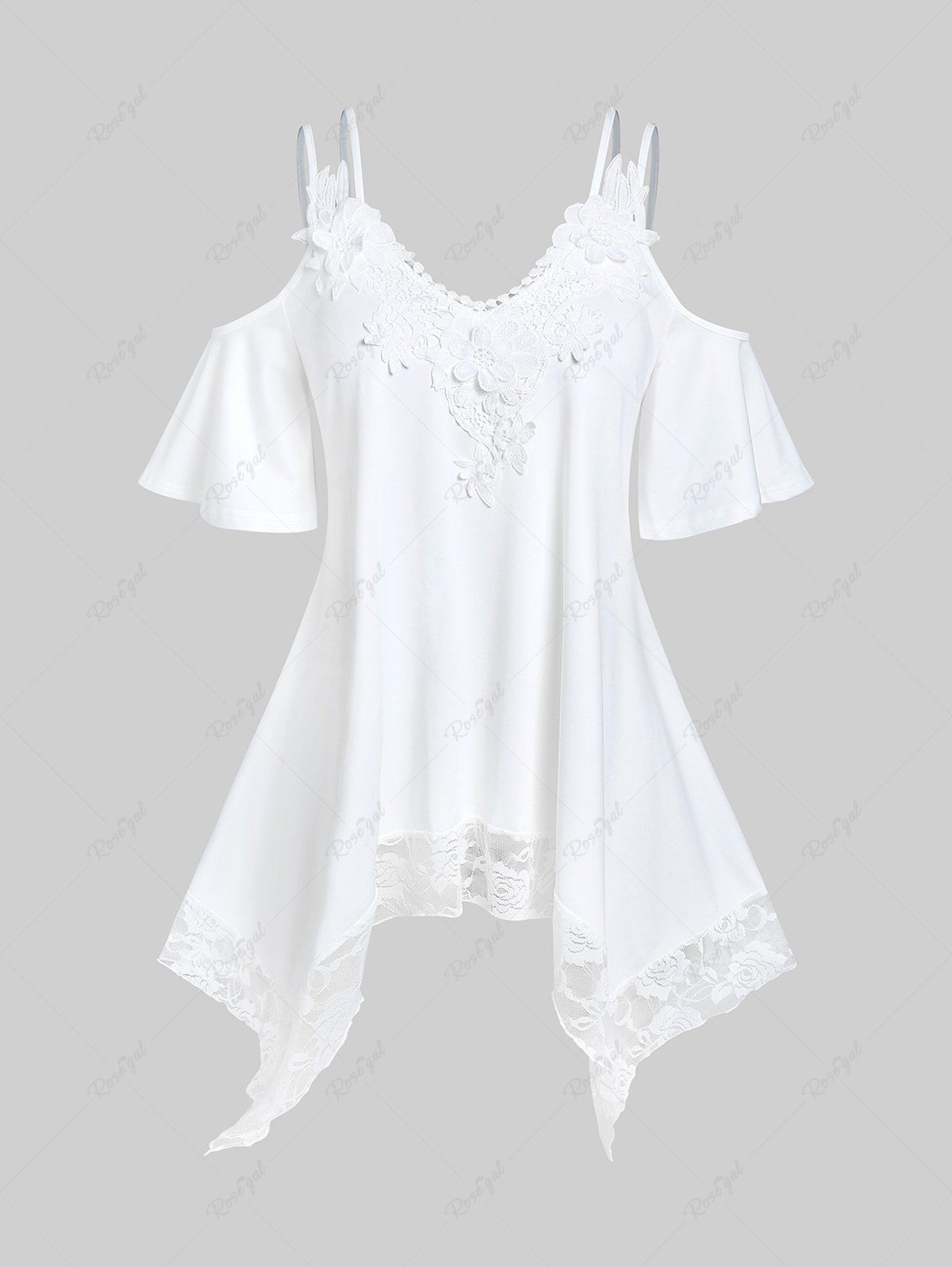 T-shirt Mouchoir Tunique Panneau en Dentelle à Epaule Dénudée Grande Taille Blanc 2X | US 18-20