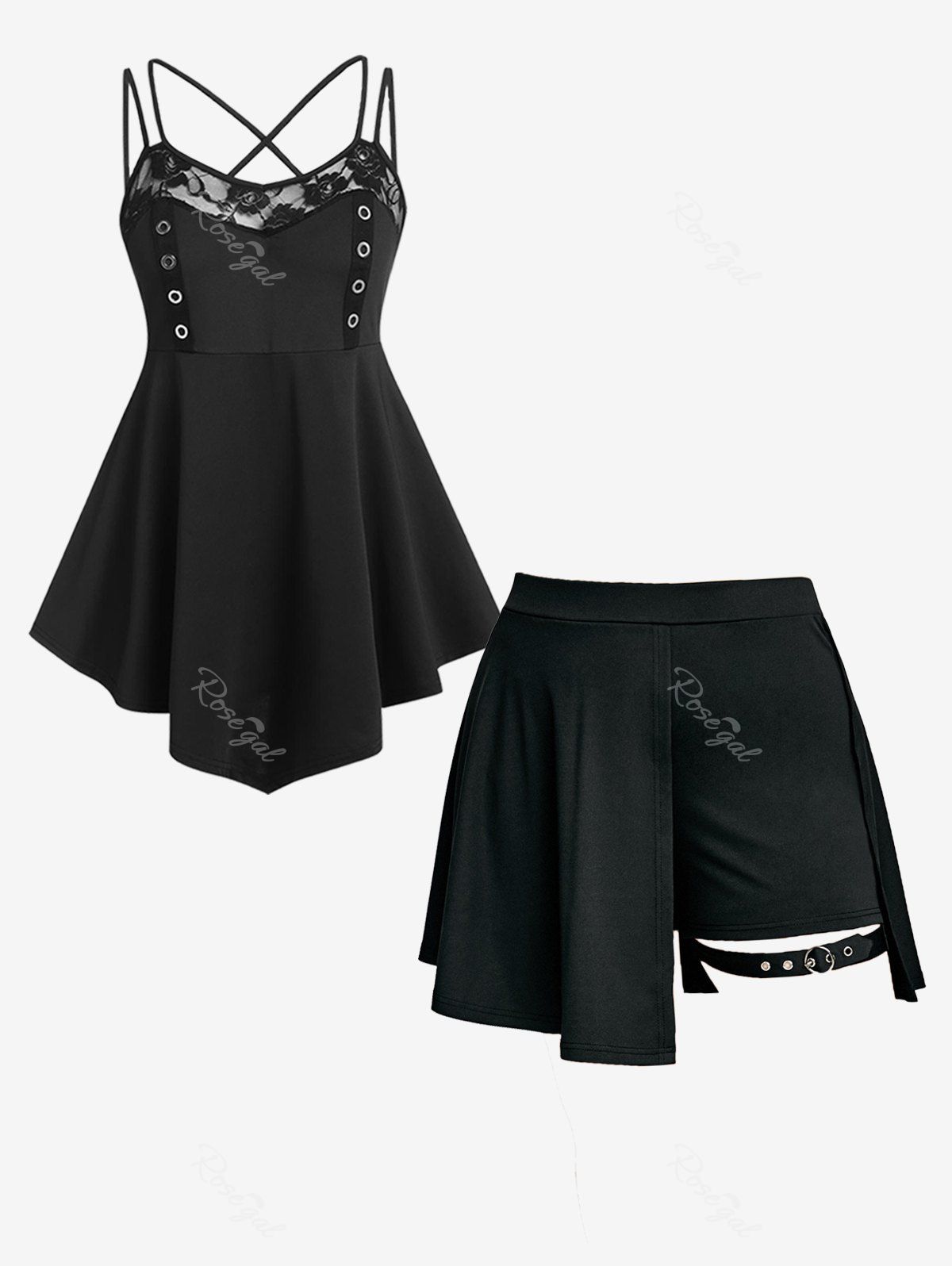 Shops Gothic Crisscross Lace Panel Tunic Tank Top and Buckle Shorts Plus Size Summer Outfit  