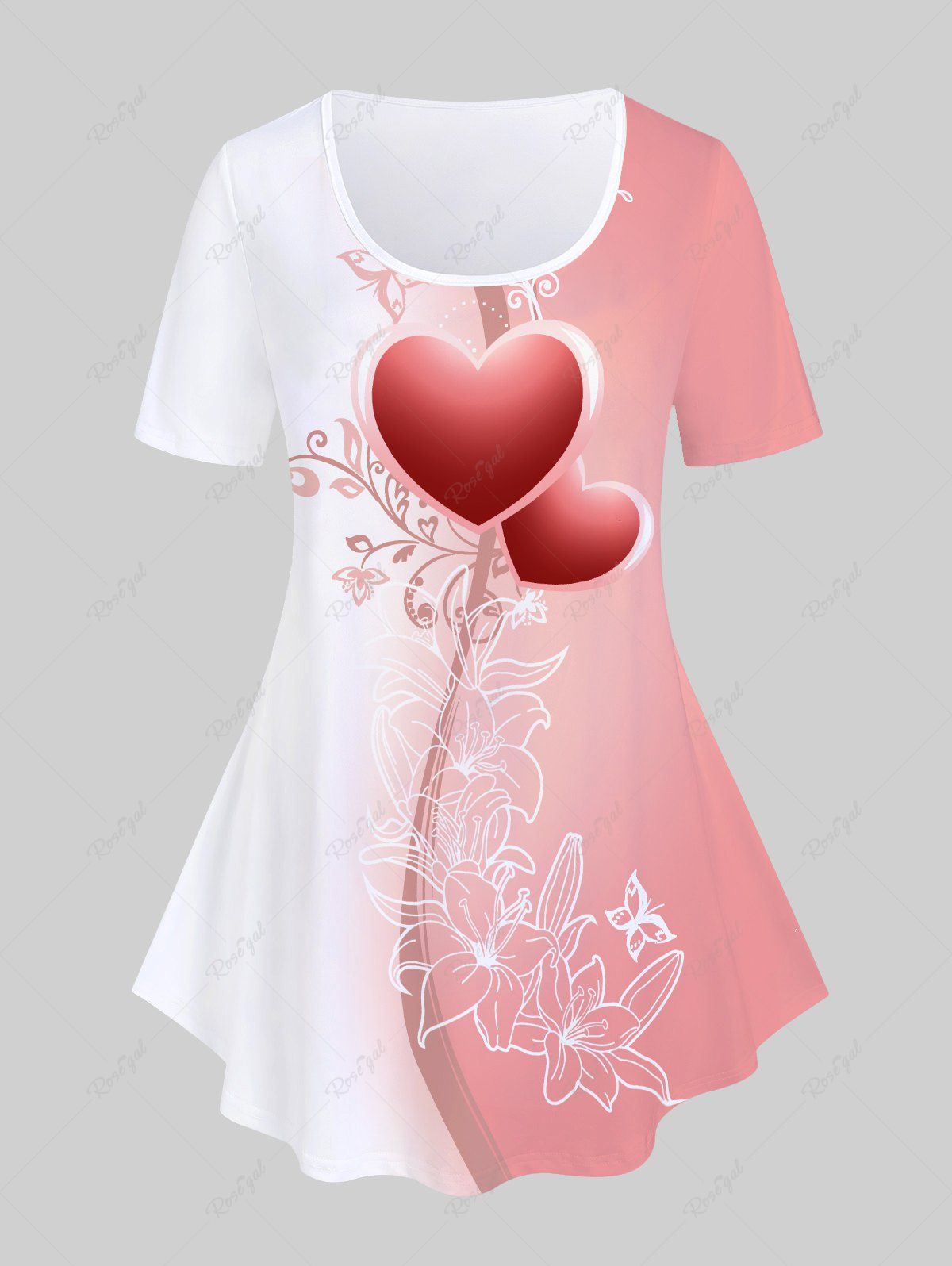 T-shirt à Imprimé Cœur Floral Bloc de Couleur Grande Taille Rose clair 