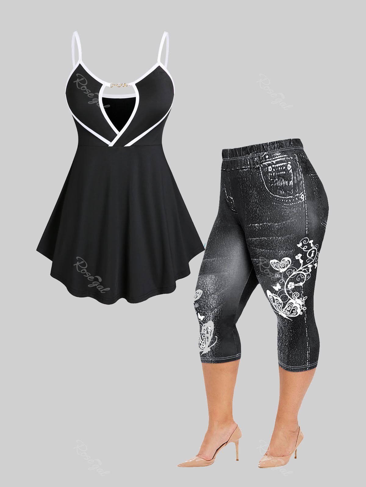 Affordable Cutout Two Tone Tunic Tank Top and Butterfly 3D Jean Print Leggings Plus Size Summer Outfit  