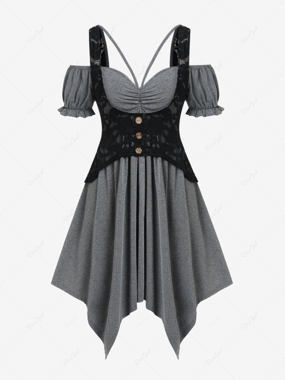 Shop Plus Size Lace Panel Ruched Two Tone Cold Shoulder Handkerchief Dress  