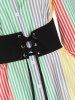 Colored Striped Floral Print Off the Shoulder Ruched Corset Long Sleeve Vacation Shirt -  